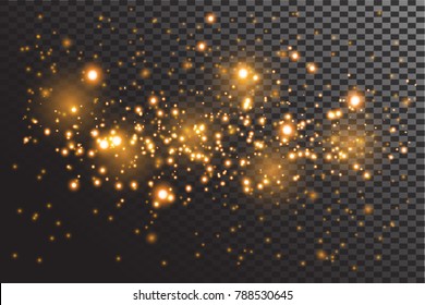 Transparent Glow Light Effect.Gold Glitter Powder Splash Background. Golden Dust. Magic Mist Glowing.