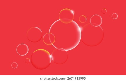 Bolhas brilhantes transparentes no espaço vermelho do plano de fundo para o texto