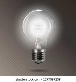 Transparent glowing electric light bulb with a silver base. Realistic style. Isolated background. Object for infographics, presentations, web design, poster, banner.