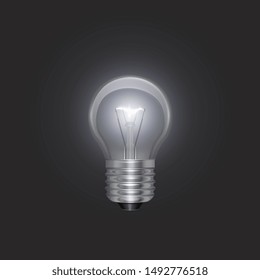 Transparent glowing electric light bulb with a silver base in Realistic style on bark background, Object for presentations, infographics, poster, web design or banner