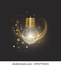 Transparent glowing electric light bulb with a golden base in Realistic style on bark background, Object for presentations, infographics, poster, web design or banner, Vector EPS 10 format