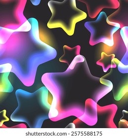 Transparent glowing gradient stars seamless pattern. Vector 3d glass illustration. Liquid colorful trendy background. Fashion textile print, fabric, wrapping paper design