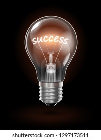 Transparent glowing light bulb on a dark background with the word Success instead of a tungsten filament.