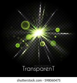 Transparent Glowing Light Effect. Green Explosion with Bokeh Elements. Flash Power. Fireworks. Vector illustration 