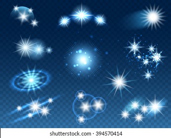 Transparent glowing light effects, glowing stars and sparkles on blue background. Vector illustration