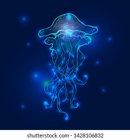 Transparent glowing neon blue and turquoise medusa blubber jellyfish set decorative background poster