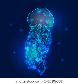 Transparent glowing neon blue and turquoise medusa blubber jellyfish set decorative background poster