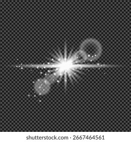 Transparenter glühender Sternenlichteffekt mit Linsenfackel und Funkeln. Glänzend weißer Burst einzeln auf transparentem Hintergrund für Dekoration, Design, Overlays und festliche Projekte.
