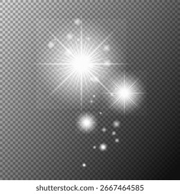 Efecto de luz de estrella brillante transparente con destellos de lente y destellos. Explosión blanca brillante aislada sobre un fondo transparente para decoración, diseño, superposiciones y proyectos festivos.