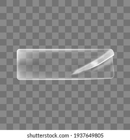 La pegatina de rectángulo cruzado y pegado se burla. Papel transparente adhesivo en blanco o etiqueta adhesiva de plástico con efecto rizado y arrugado. 3.ᵉʳ icono de vector realista