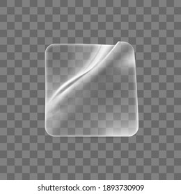 Transparent glued crumpled square sticker mock up. Blank adhesive transparent paper or plastic sticker label with curled and wrinkled effect. 3d realistic vector icon