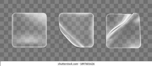 Transparent glued crumpled square stickers with curled corners mock up set. Blank adhesive transparent paper or plastic sticker label with curled and wrinkled effect. 3d realistic vector icon