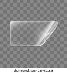 Transparent glued rectangle sticker with curled corner mock up. Blank adhesive transparent paper or plastic sticker label with curled and wrinkled effect. 3d realistic vector icon