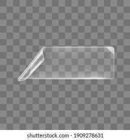 Transparenter, geklebter Rechteckaufkleber mit aufgerollter Ecke. Leeres, durchsichtiges Papier oder Plastikaufkleber mit geschliffener und gefälliger Wirkung. 3D-realistisches Vektorsymbol