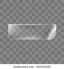 Transparent glued rectangle sticker with curled corner mock up. Blank adhesive transparent paper or plastic sticker label with curled and wrinkled effect. 3d realistic vector icon