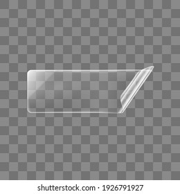 Transparent glued rectangle sticker with curled corner mock up. Blank adhesive transparent paper or plastic sticker label with curled and wrinkled effect. 3d realistic vector icon