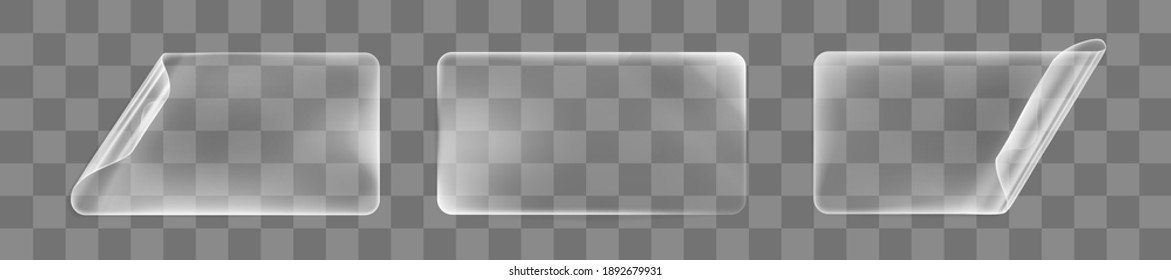 Transparent glued rectangle stickers with curled corners mock up set. Blank adhesive transparent paper or plastic sticker label with curled and wrinkled effect. 3d realistic vector icon - Shutterstock ID 1892679931