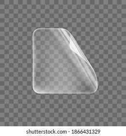 Transparent glued square sticker with curled corner mock up. Blank adhesive paper or plastic sticker label with curled effect. Template label tag close up. 3d realistic vector icon