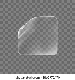Transparent glued square sticker with curled corner mock up. Blank adhesive paper or plastic sticker label with curled effect. Template label tag close up. 3d realistic vector icon