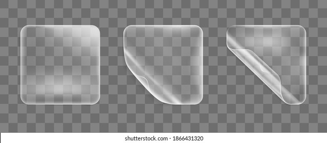 Transparent glued square stickers with curled corners mock up set. Blank adhesive paper or plastic sticker label with curled effect. Template label tags close up. 3d realistic vector icon