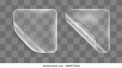 Transparent glued square stickers with curled corners mock up set. Blank adhesive paper or plastic sticker label with curled effect. Template label tags close up. 3d realistic vector icon