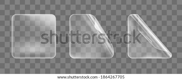 Transparent glued square stickers with curled\
corners mock up set. Blank adhesive paper or plastic sticker label\
with curled effect. Template label tags close up. 3d realistic\
vector icon