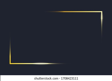 Transparent gold frame angles. Golden frame elements on dark blue background. Rectangle corners of border with glow shine and light effect. Vector illustration.