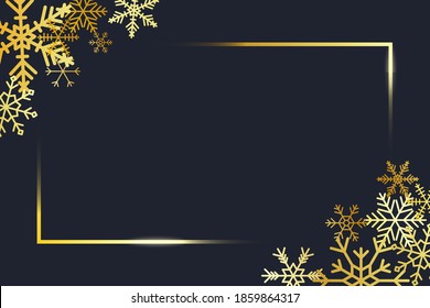 Transparent Gold Frame Angles With Golden Snowflakes. Banner For Merry Christmas And New Year Text. Golden Rectangle Corners With Gold Snowflake. Vector.