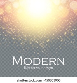 Transparent Gold Light Effect. Powerful Explosion. Shining Lens Flare. Bright Ray Flare. Shining Sun. Christmas Fireworks. Vector illustration