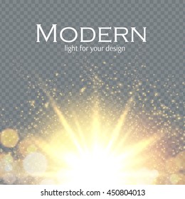 Transparent Gold Light Effect. Powerful Explosion. Shining Lens Flare. Bright Ray Flare. Shining Sun. Christmas Fireworks. Vector illustration
