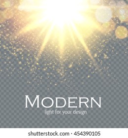 Transparent Gold Light Effect. Powerful Explosion. Shining Lens Flare. Bright Ray Flare. Shining Sun. Christmas Fireworks. Vector illustration