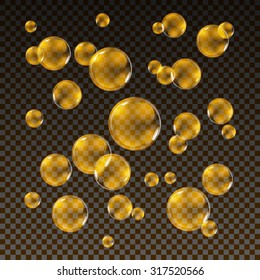 Transparent gold soap bubbles vector set on plaid background. Sphere ball, design water and foam, aqua wash illustration art