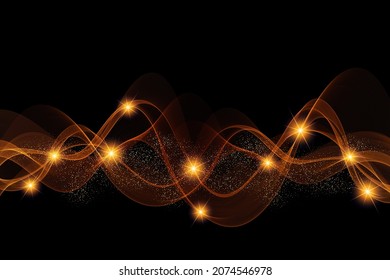 Transparent golden flowing vector wave with sparkles on black background