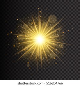 Transparent Golden Glow Light Effect. Star Burst With Sparkles