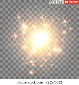 Transparent Golden Glow light effect. Star burst with sparkles