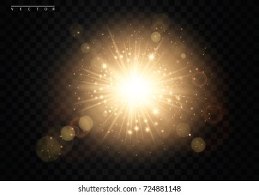 Transparent Golden Glow light effect. Starburst with sparkles and bokeh. Vector illustration. EPS10