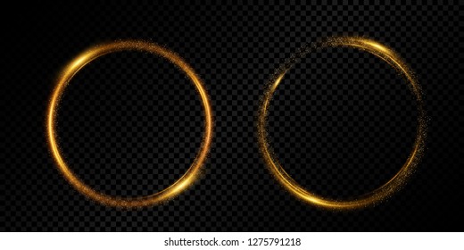 Transparent golden light effect. Shiny glittering. Sparkling decorative round frames isolated on dark background.