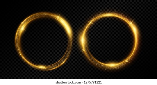 Transparent golden light effect. Shiny glittering. Sparkling decorative round frames isolated on dark background.