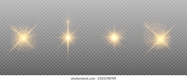 Transparent golden light effects on a transparent background. A collection of various glowing sparks, stars. The effect of glow, radiance, shine. Vector EPS 10.