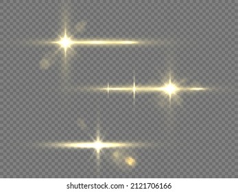 Transparent golden light flare and sparkles set. Shining star, sun particles and sparks with highlight effect, golden lights bokeh glitter and sequins. Effect glare, lines, yellow explosion, vector.