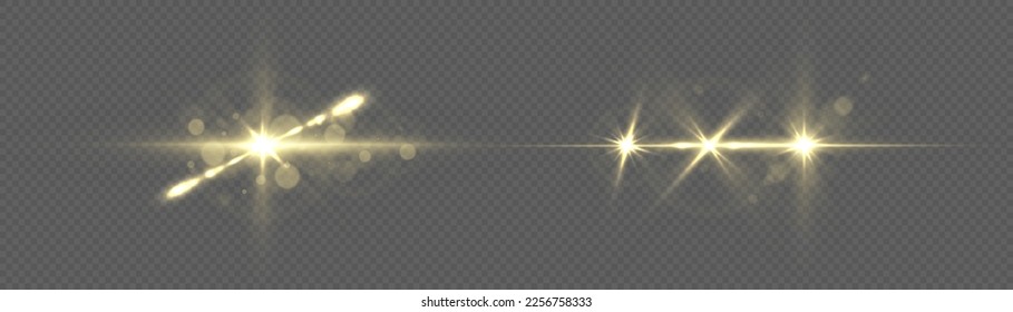 Luces claras transparentes y doradas. Resplandor de efecto, líneas, explosión amarilla. Estrella brillante, partículas solares y chispas con efecto de resaltado, luces doradas con brillo y secuelas, vector.