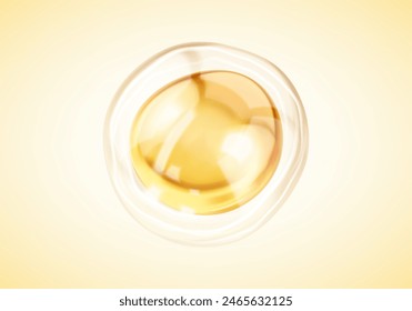 Transparent golden liquid bubble. Golden yellow bubble oil or serum isolated on yellow background. Concept skin care cosmetics solution