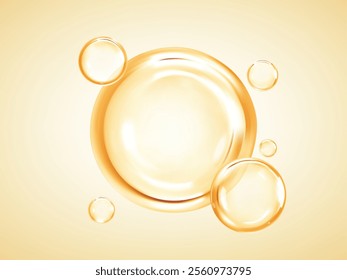 Transparent golden liquid bubbles. Cosmetic oil, serum or essence. Skincare product. Concept skin care cosmetics solution. Vector illustration