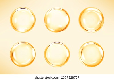 Transparent golden liquid bubbles. Cosmetic oil, serum or essence. Skincare product. Concept skin care cosmetics solution. Vector illustration