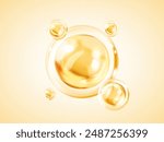Transparent golden liquid bubbles. Golden yellow bubble oil or serum isolated on yellow background. Concept skin care cosmetics solution