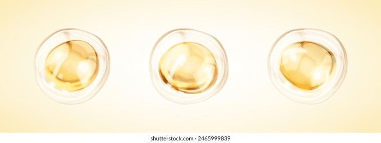 Transparent golden liquid bubbles. Golden yellow bubble oil or serum isolated on yellow background. Concept skin care cosmetics solution