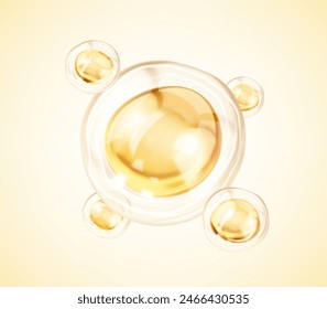 Transparent golden liquid bubbles. Golden yellow bubble oil or serum isolated on yellow background. Concept skin care cosmetics solution