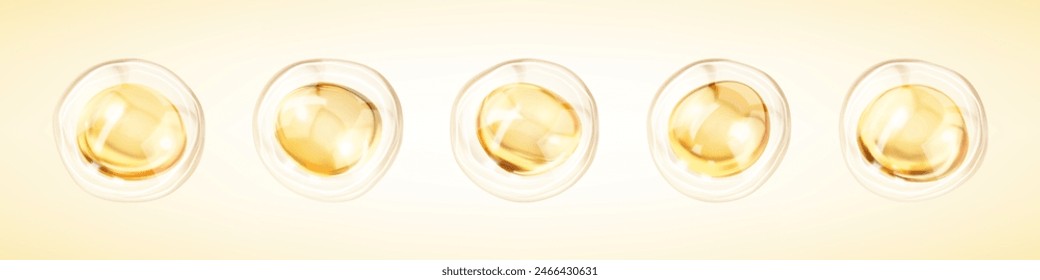 Burbujas de líquido dorado transparentes. Aceite de burbuja amarillo dorado o suero aislado sobre fondo amarillo. Concepto de solución cosmética para el cuidado de la piel