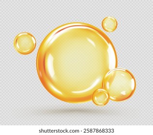 Transparent golden liquid bubbles. Golden yellow bubble cosmetic oil or serum isolated on transparent background. Concept skin care cosmetics solution