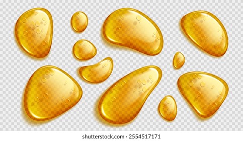 Transparent golden liquid droplets with glossy surface and light reflections. Various sized drops honey like viscous texture with bubbles inside. Cosmetic serum, essential oil or natural sweetener.